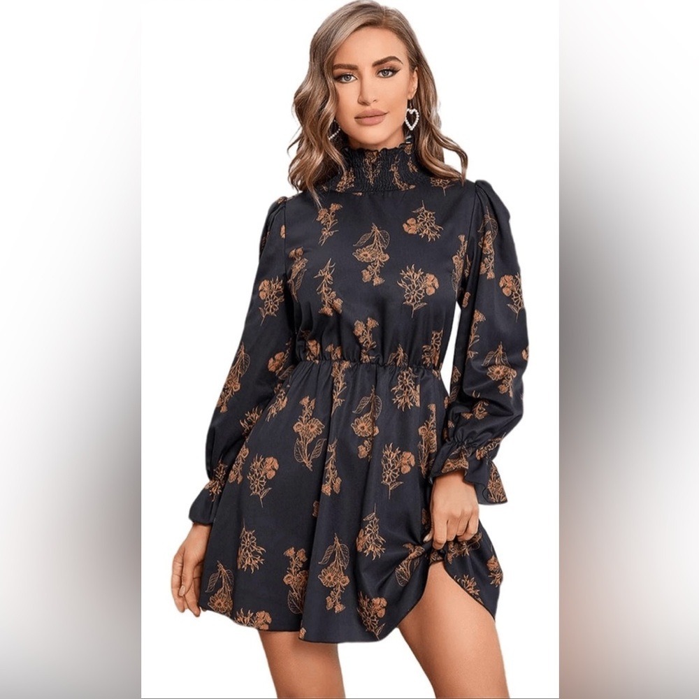 NWT Floerns Mock Neck Long Sleeve Floral Print Ruffle‎ Mini Dress Size S